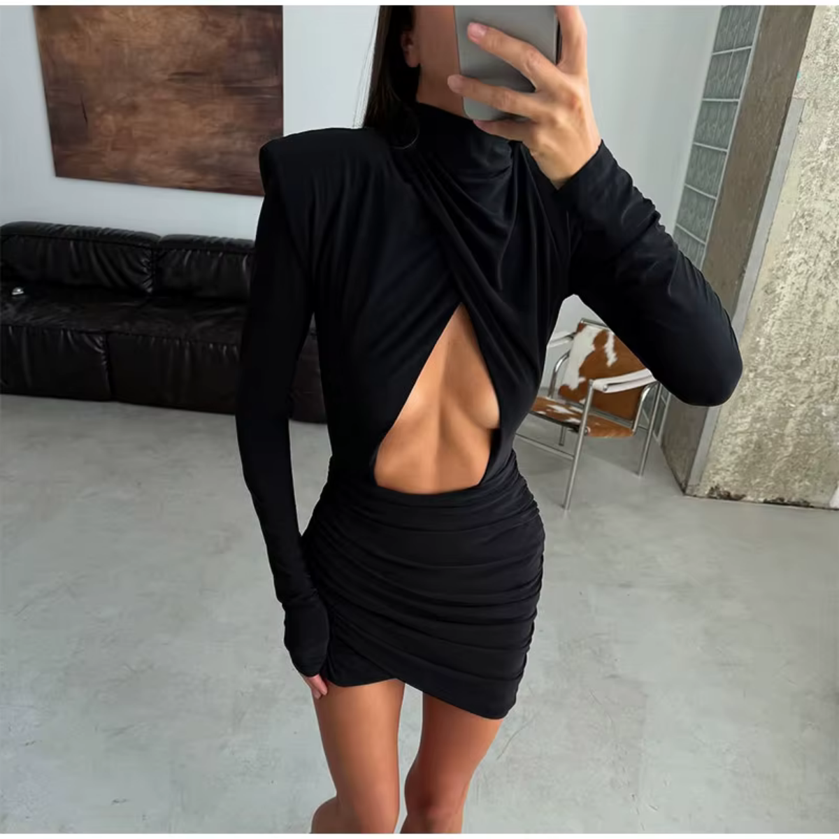 Noir Ruched Evening Mini Dress