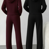 Hooded Knit Pullover Set with Flare Pants