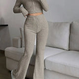 Cropped Knit Zip-Up Set with Flare Pants