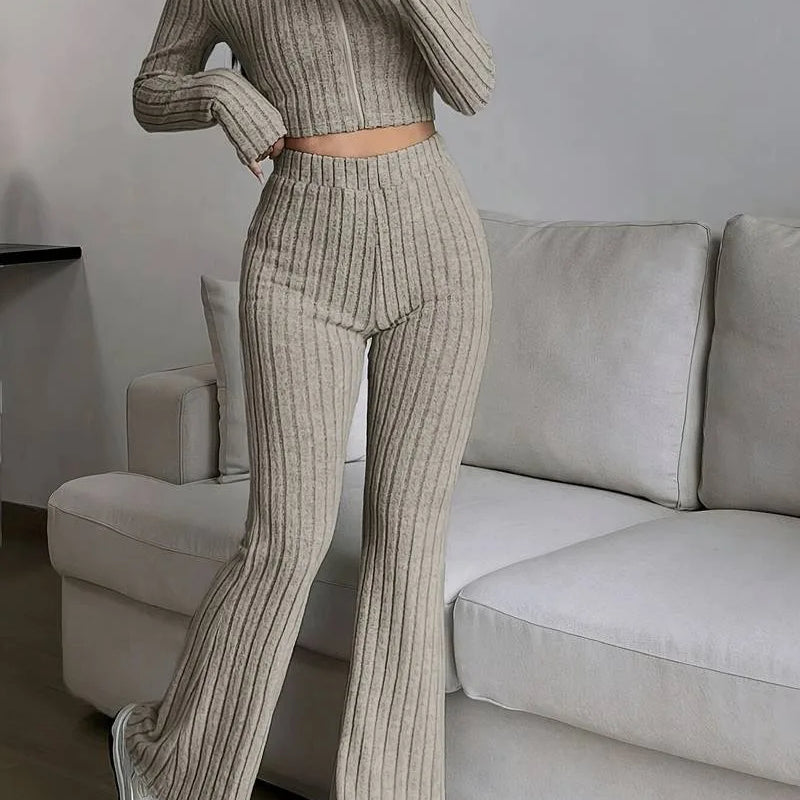 Cropped Knit Zip-Up Set with Flare Pants