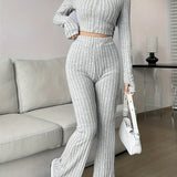 Cropped Knit Zip-Up Set with Flare Pants