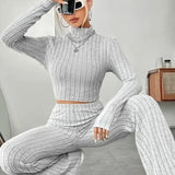 Turtleneck Cropped Knit Set with Flare Pants