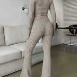 Cropped Knit Zip-Up Set with Flare Pants