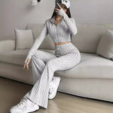 Cropped Knit Zip-Up Set with Flare Pants