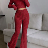 Cropped Knit Zip-Up Set with Flare Pants