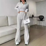 Cropped Knit Zip-Up Set with Flare Pants