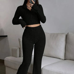 Cropped Knit Zip-Up Set with Flare Pants