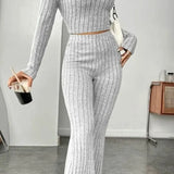 Turtleneck Cropped Knit Set with Flare Pants