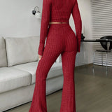 Cropped Knit Zip-Up Set with Flare Pants