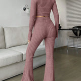 Cropped Knit Zip-Up Set with Flare Pants