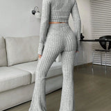 Cropped Knit Zip-Up Set with Flare Pants