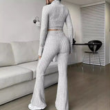 Cropped Knit Zip-Up Set with Flare Pants