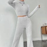 Turtleneck Cropped Knit Set with Flare Pants