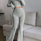 Cropped Knit Zip-Up Set with Flare Pants